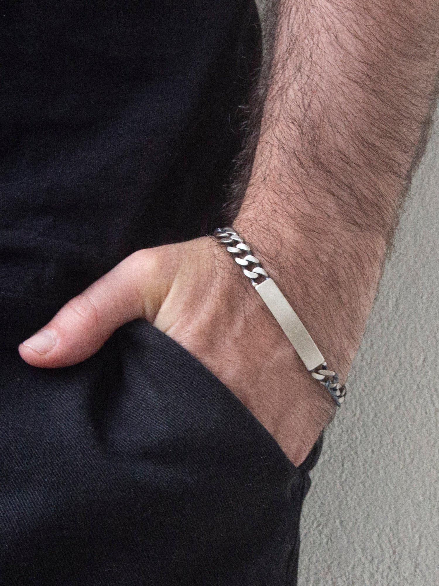Hoxton London men's oxidised ID curb chain bracelet in sterling silver, imported from the UK