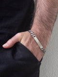 Hoxton London men's oxidised ID curb chain bracelet in sterling silver, imported from the UK