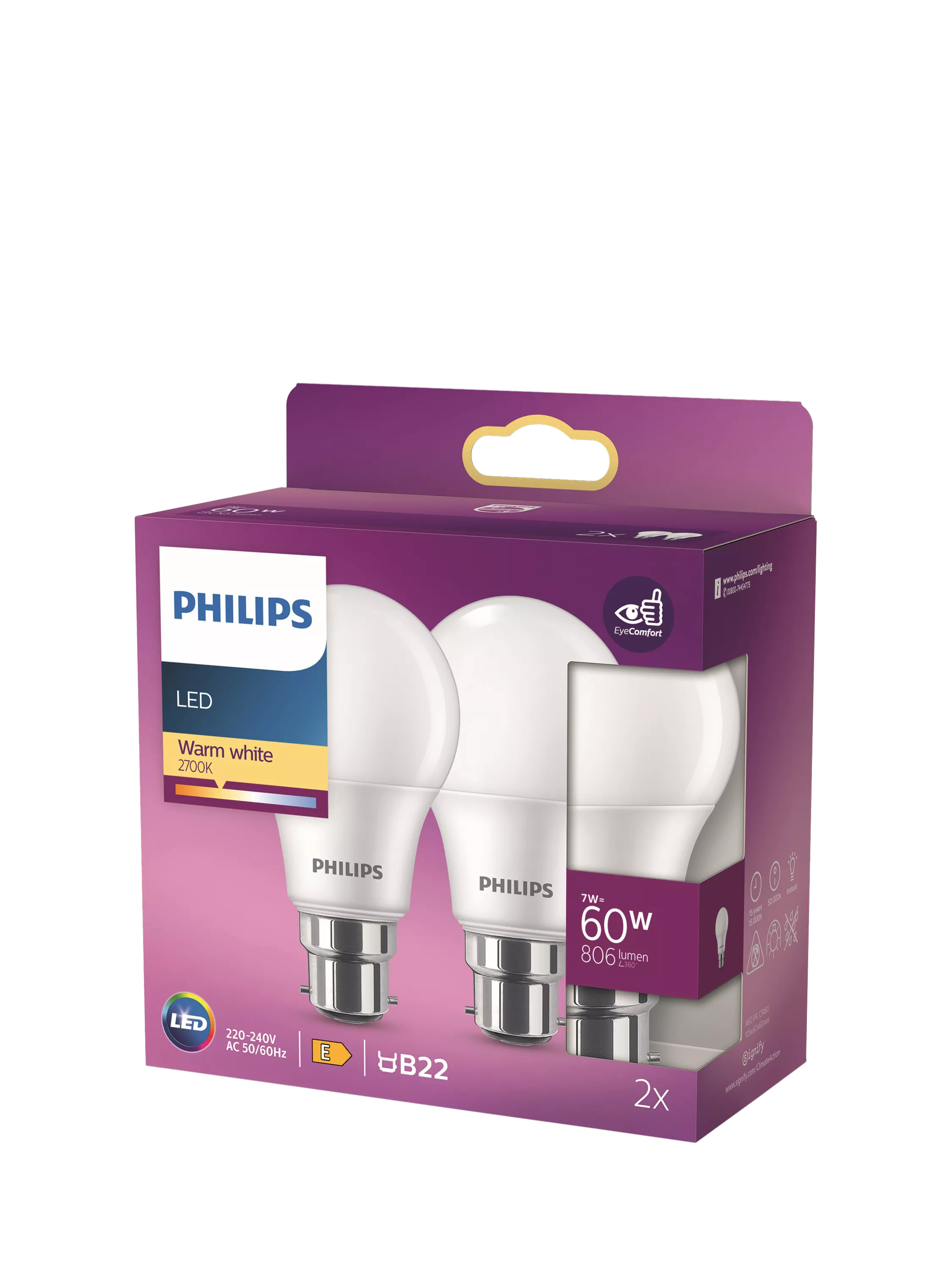 Philips LED light bulb 60W A60 B22 non-dimmable pack of 2, imported from the UK