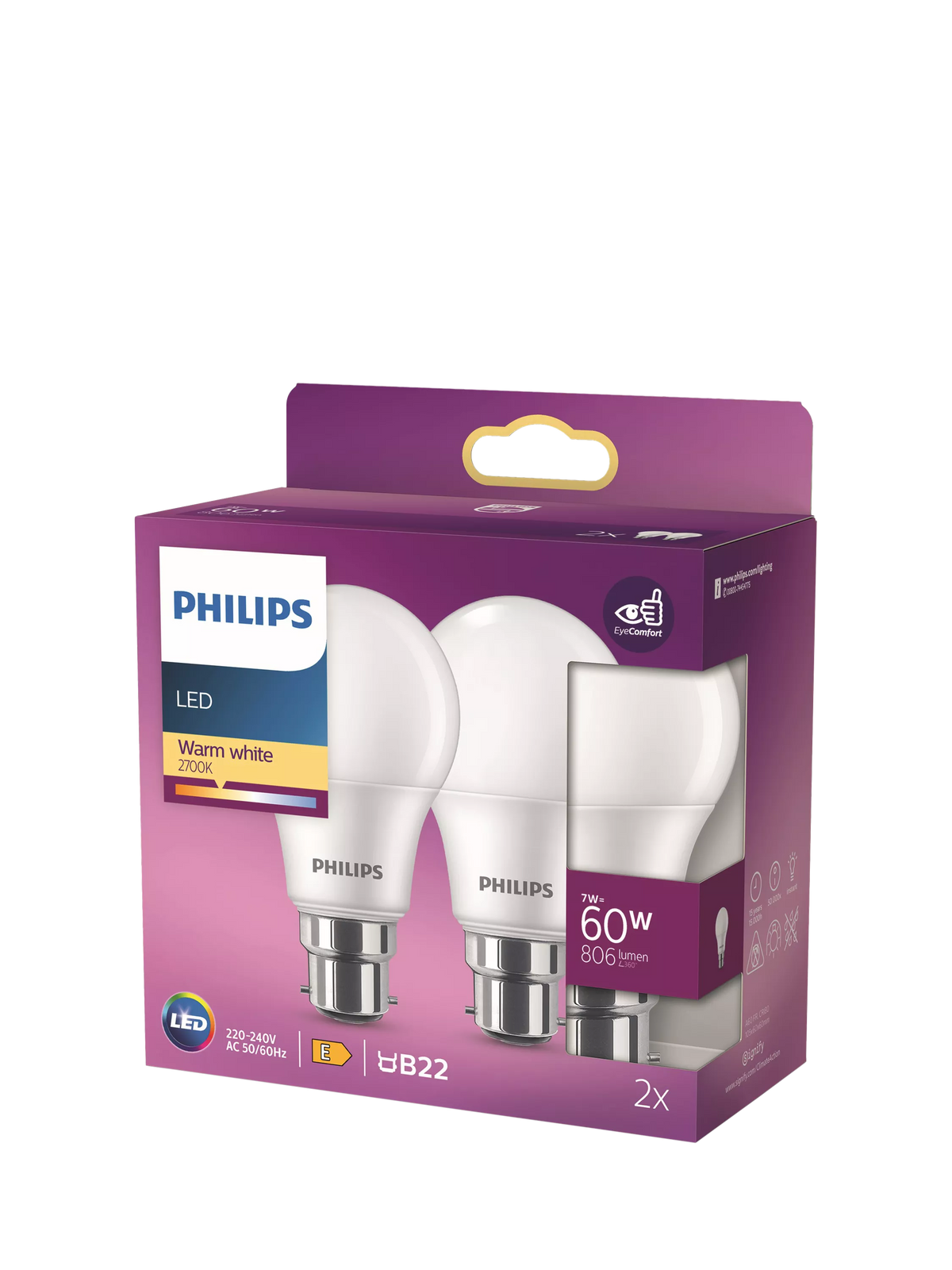 Philips LED light bulb 60W A60 B22 non-dimmable pack of 2, imported from the UK