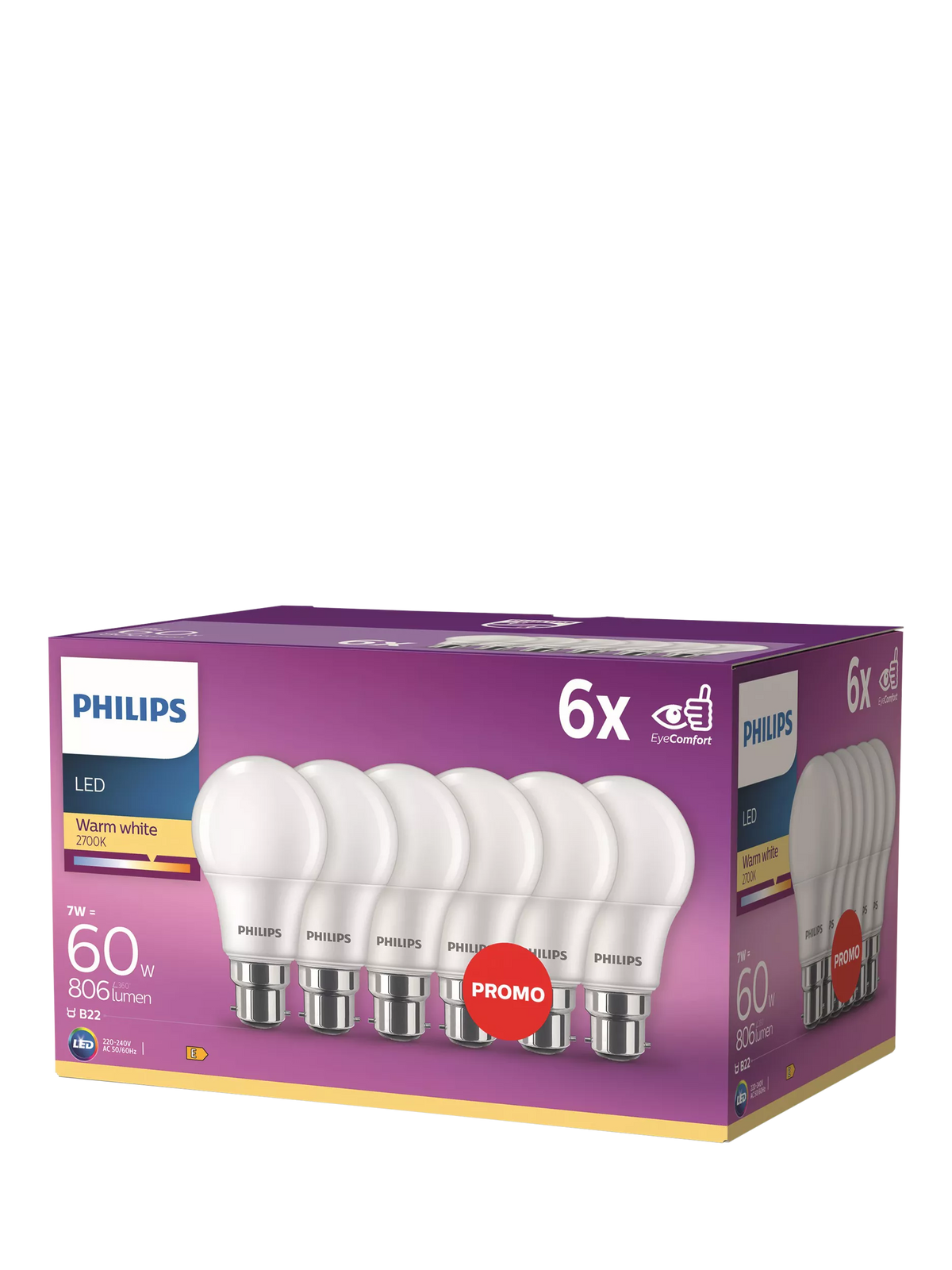 Philips 60W LED classic bulb 6 pack B22, imported from the UK