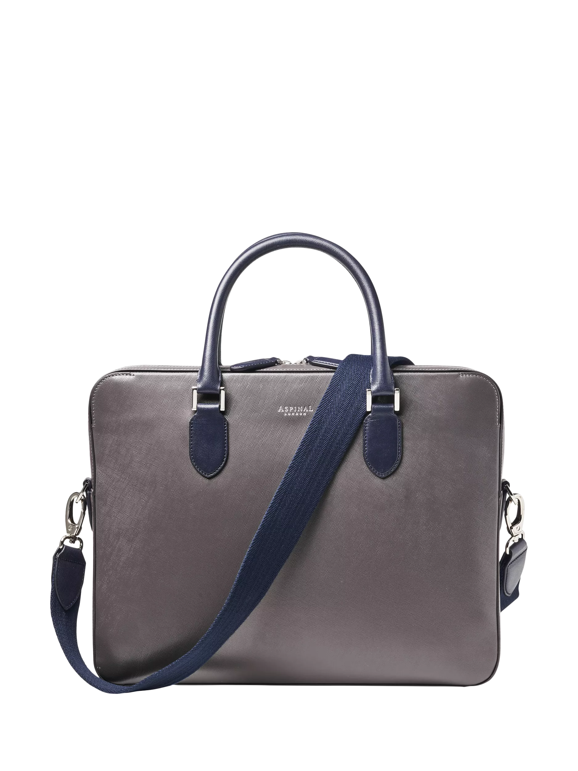 Aspinal of London Leather Slim Briefcase, Grey/Navy