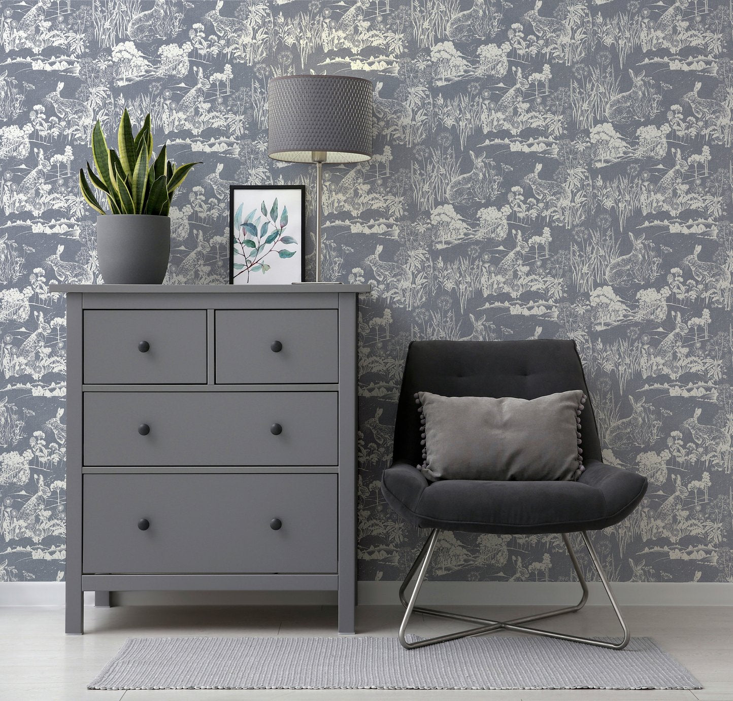 Arthouse Meadow Hare Navy Wallpaper 53cm x 1005m roll - British product