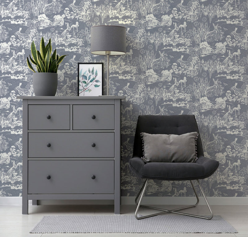 Arthouse Meadow Hare Navy Wallpaper 53cm x 1005m roll - British product