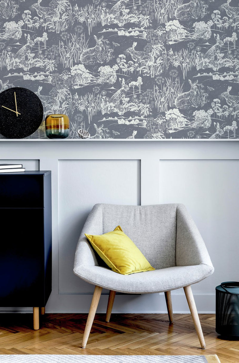 Arthouse Meadow Hare Navy Wallpaper 53cm x 1005m roll - British product