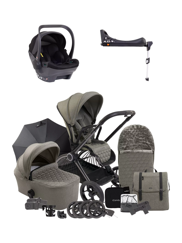 iCandy Core Pushchair, Carrycot and Accessories with iCandy Cocoon Car Seat and i-Size Base Travel System Bundle, Light Moss