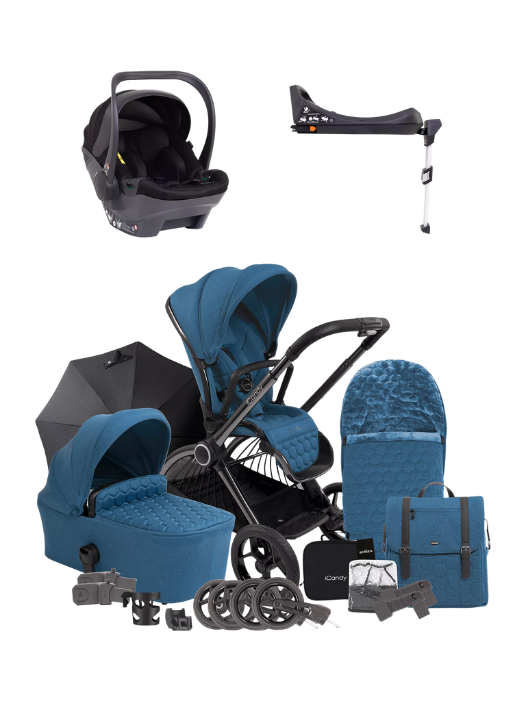 iCandy Core Pushchair, Carrycot and Accessories with iCandy Cocoon Car Seat and i-Size Base Travel System Bundle, Atlantis Blue