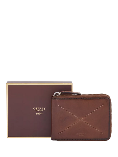 Portefeuille zippé en cuir X-Stitch avec protection RFID, marron clair