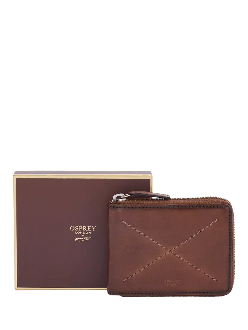 OSPREY LONDON X-Stitch Leather Zip Around Wallet in Chestnut, imported from the UK