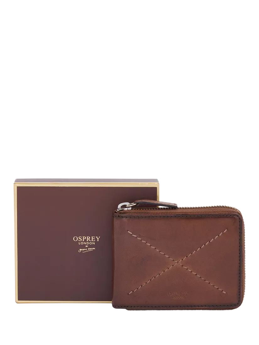 OSPREY LONDON X-Stitch Leather Zip Around Wallet in Chestnut, imported from the UK