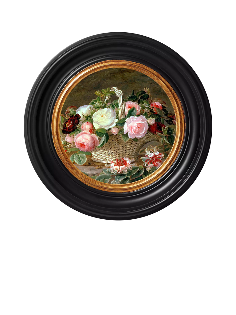 Brookpace Lascelles 'Basket of Flowers' Porthole Round Framed Canvas Print, 43cm, Black/Multi