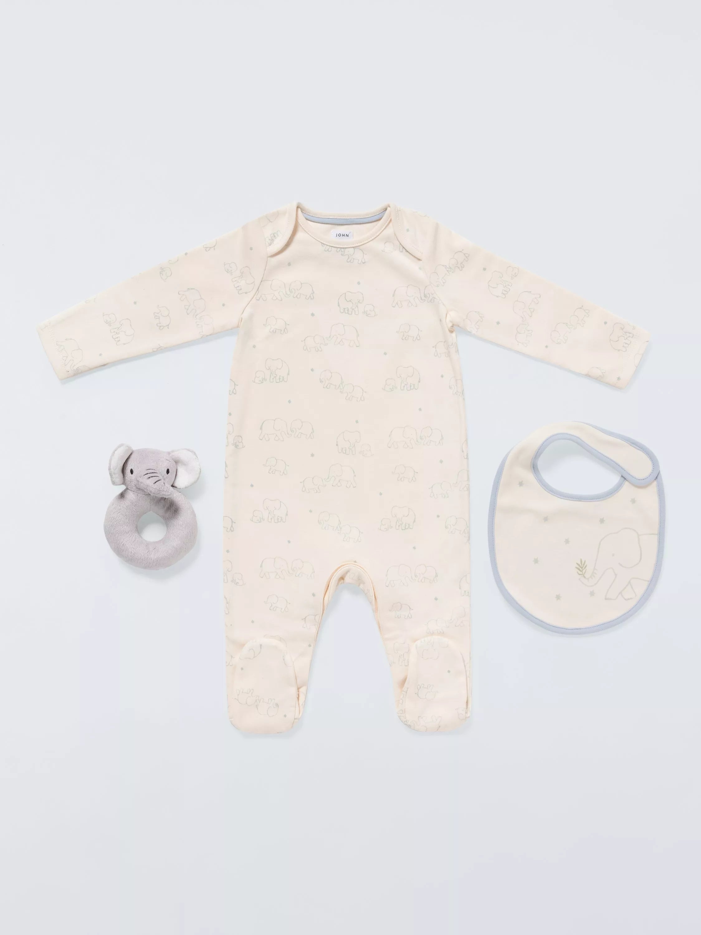 John Lewis baby elephant gift set with sleepsuit bib toy UK version