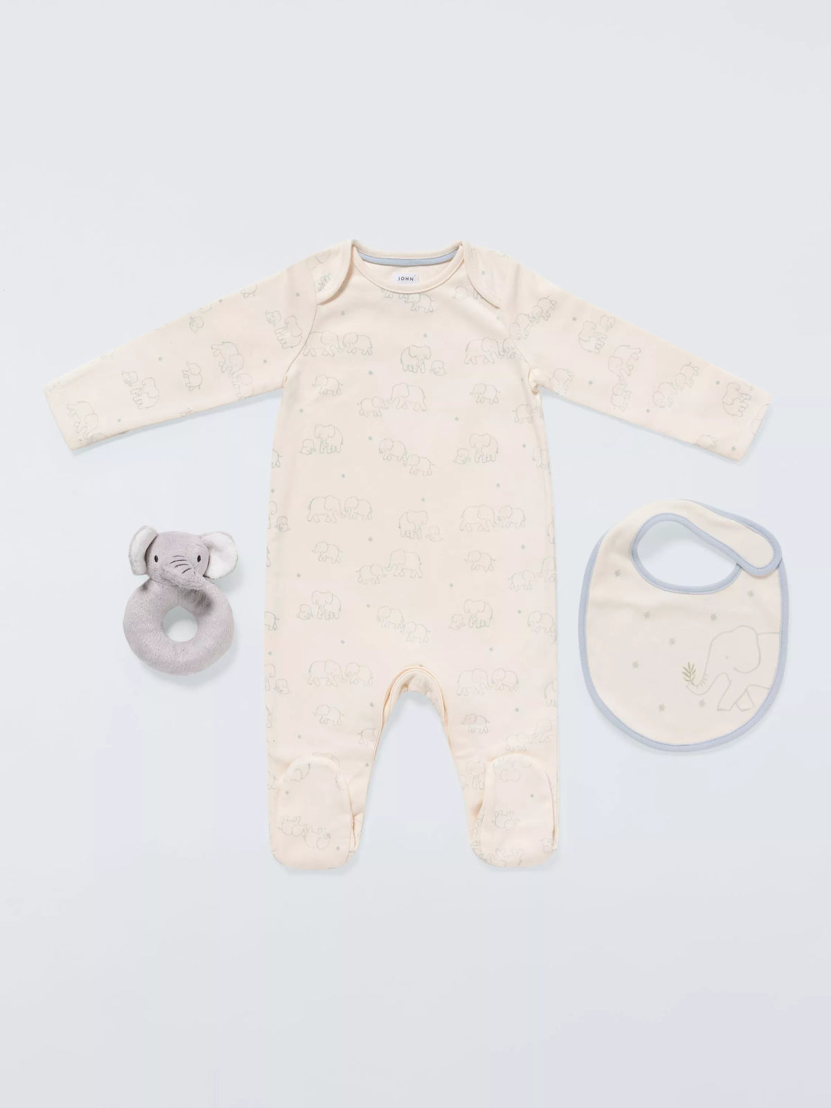 John Lewis baby elephant gift set with sleepsuit bib toy UK version