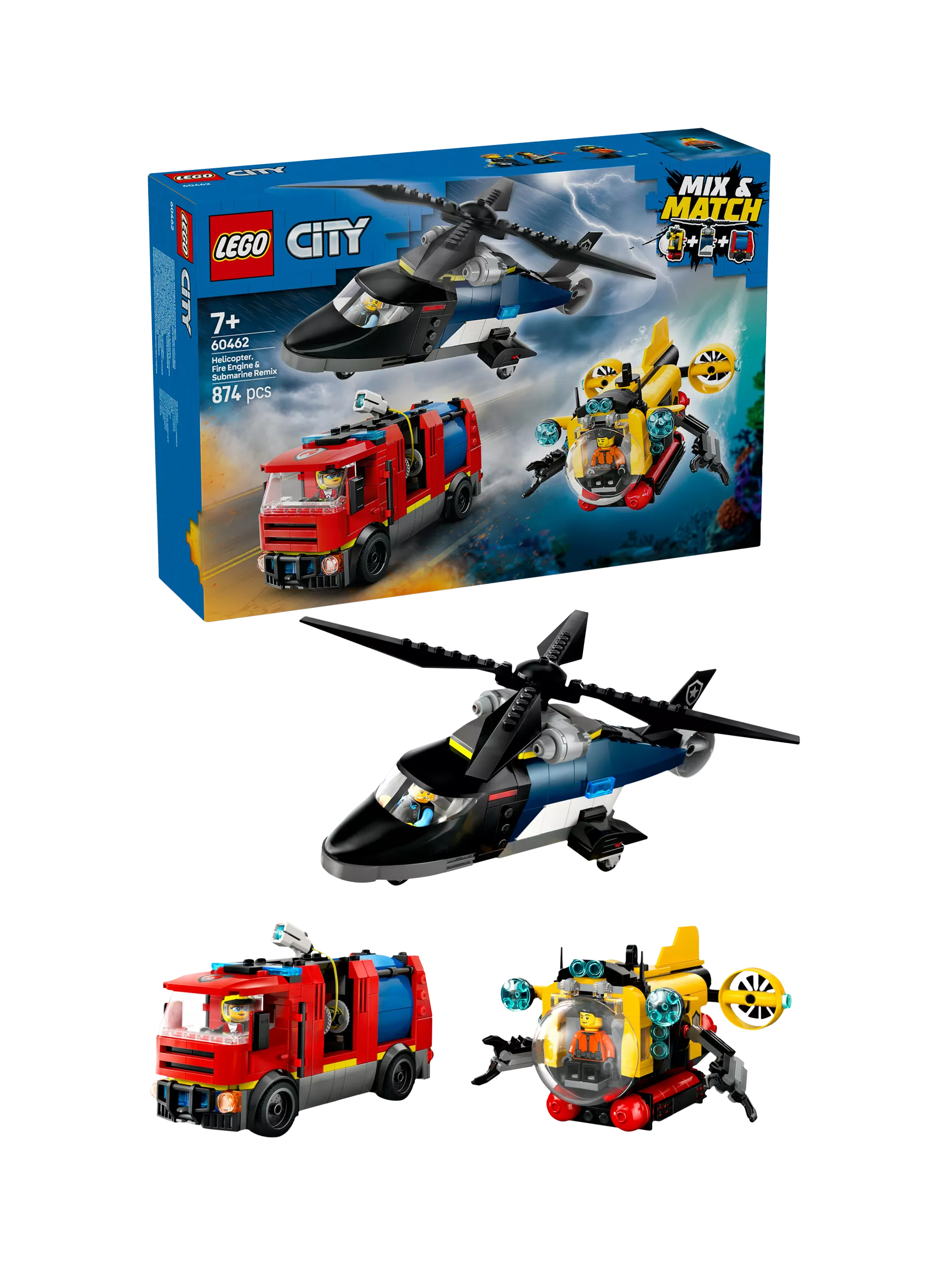 LEGO City building set with helicopter, fire engine, and submarine, UK version
