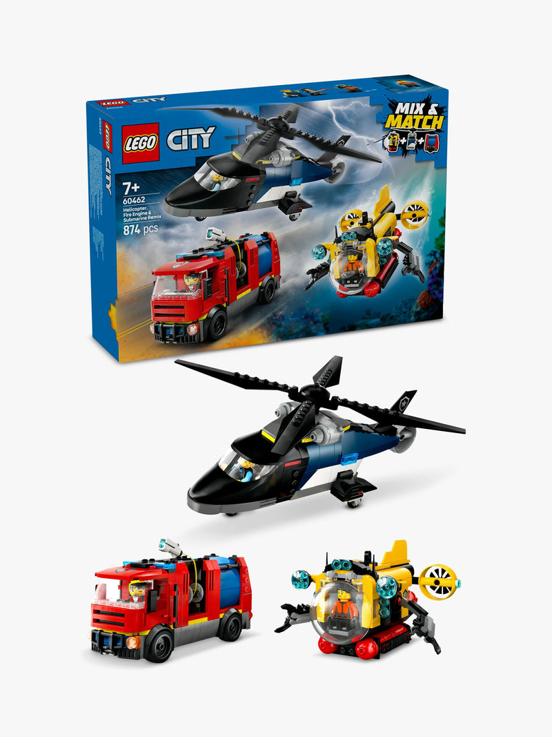 LEGO City building set with helicopter, fire engine, and submarine, UK version