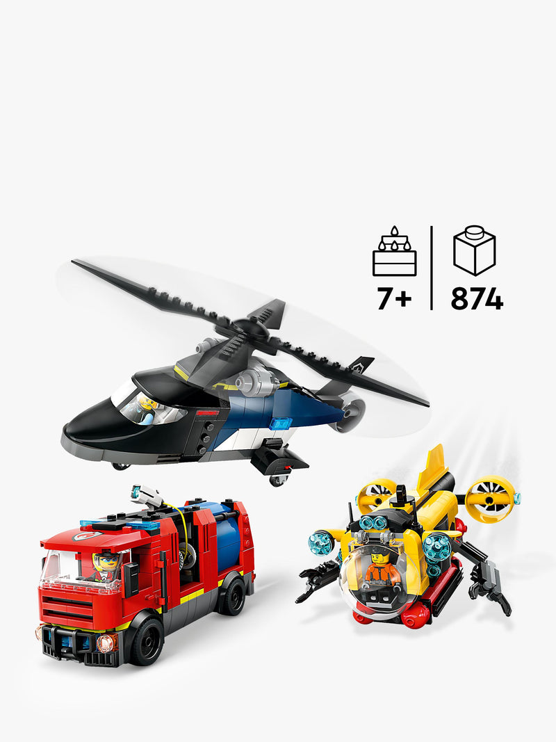 LEGO City building set with helicopter, fire engine, and submarine, UK version