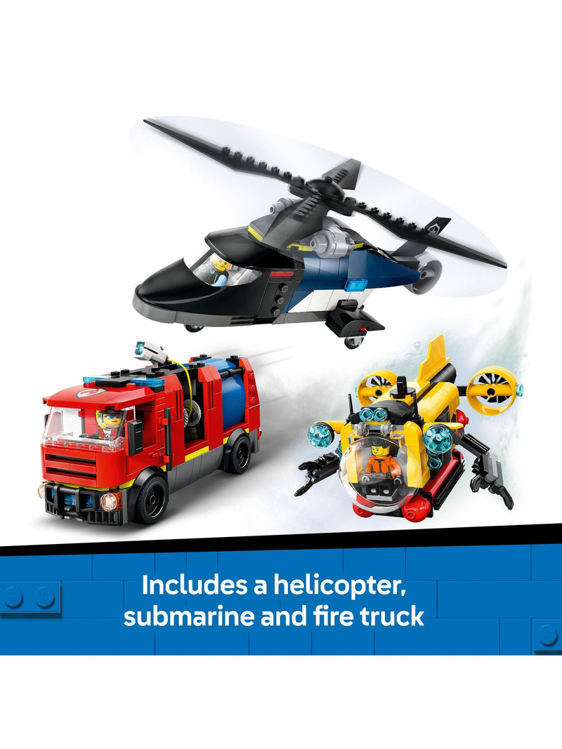 LEGO City building set with helicopter, fire engine, and submarine, UK version