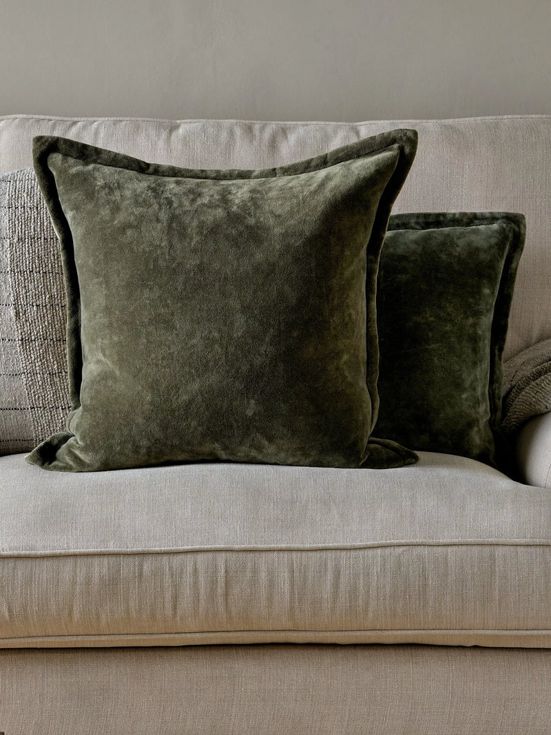 nkuku Pilani Square cushion cover in moss green (British brand)