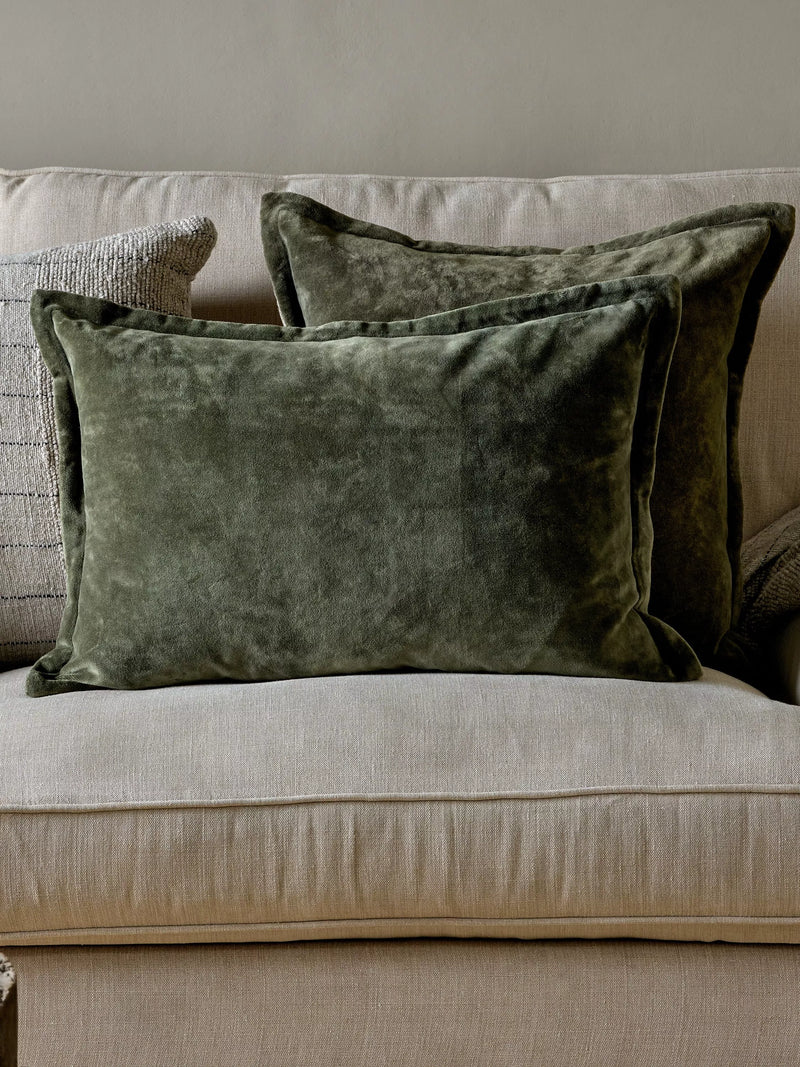nkuku Pilani Square cushion cover in moss green (British brand)