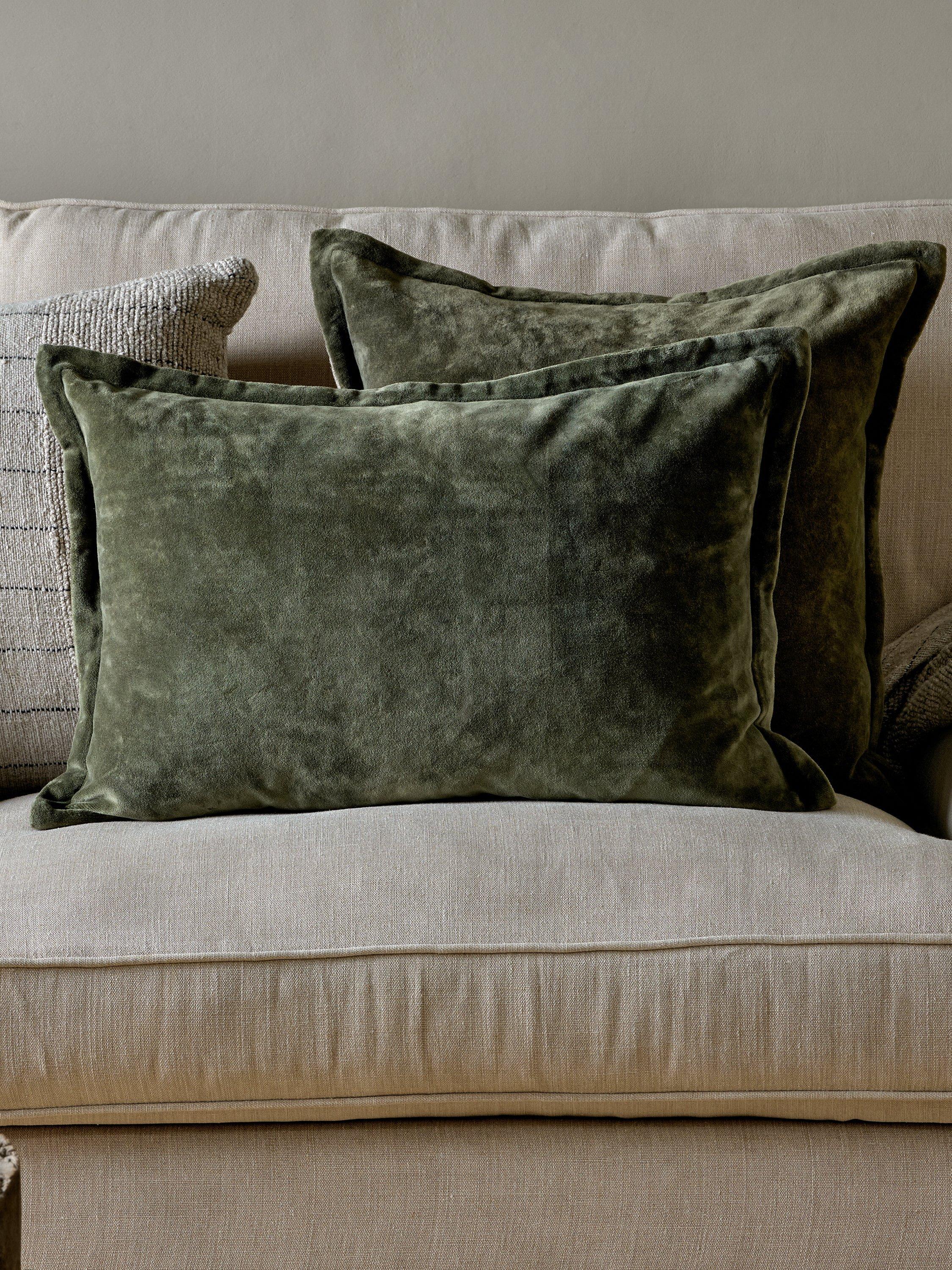 nkuku Pilani Square cushion cover in moss green (British brand)