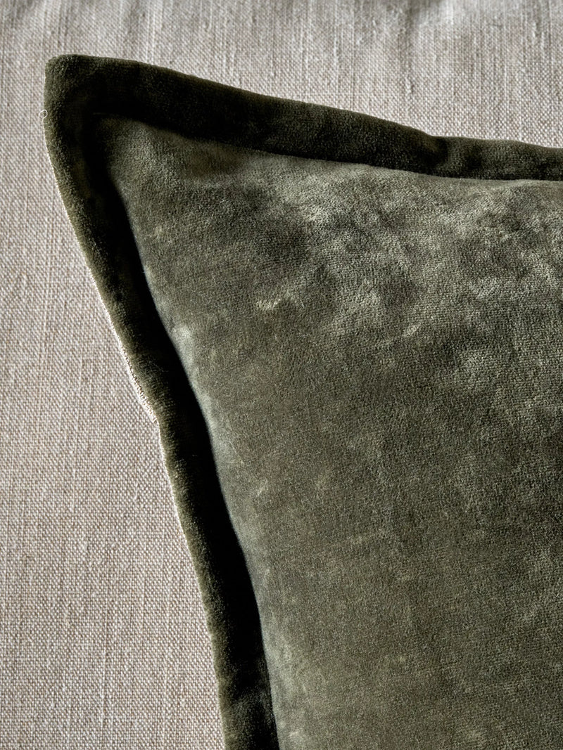 nkuku Pilani Square cushion cover in moss green (British brand)