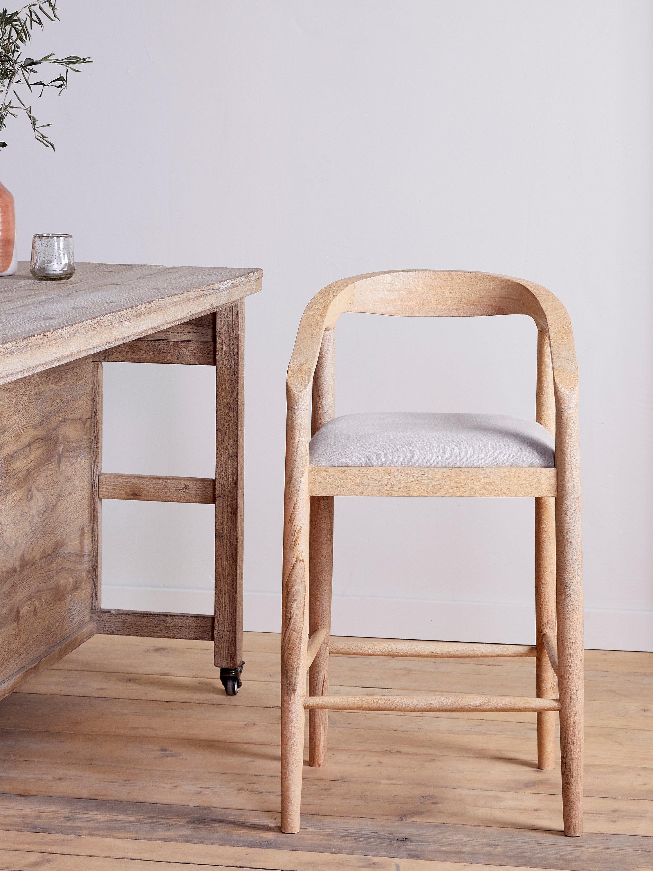 nkuku Anbu counter chair natural mango wood linen seat, UK version