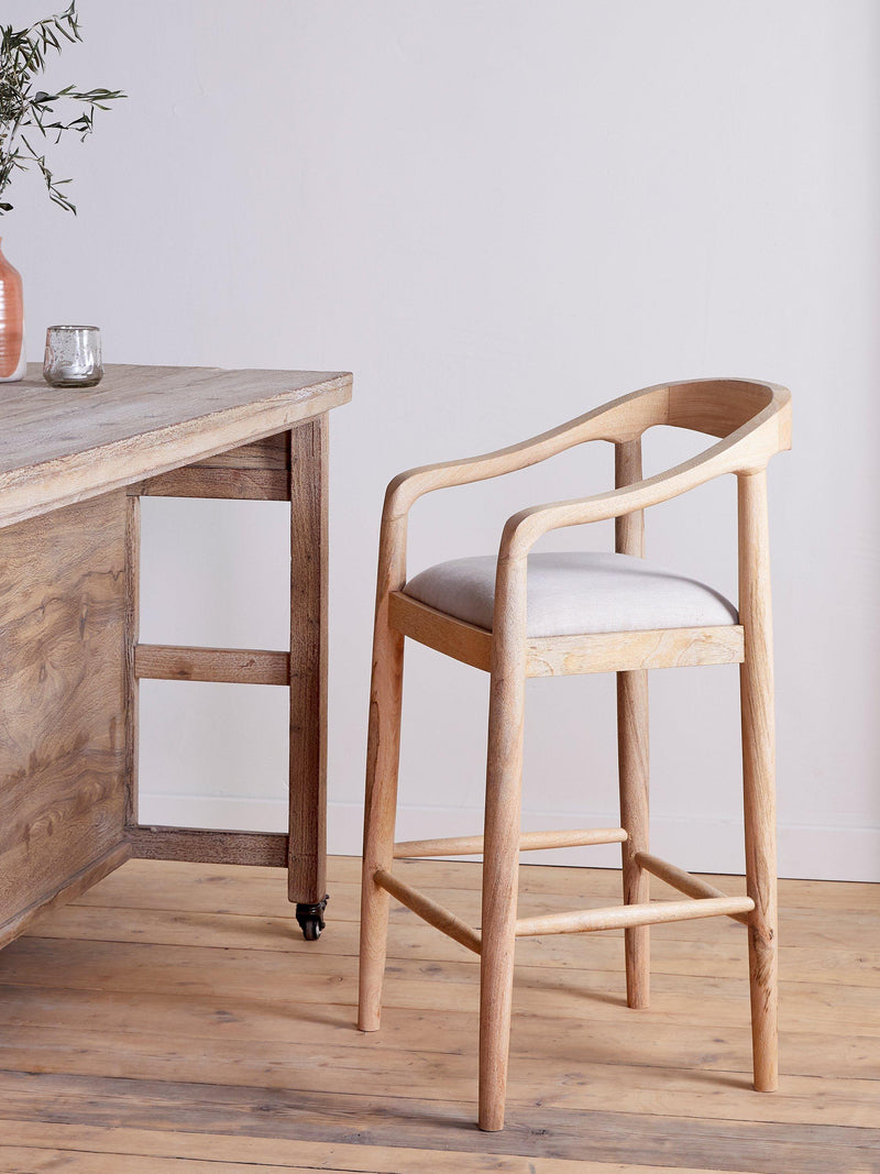 nkuku Anbu counter chair natural mango wood linen seat, UK version