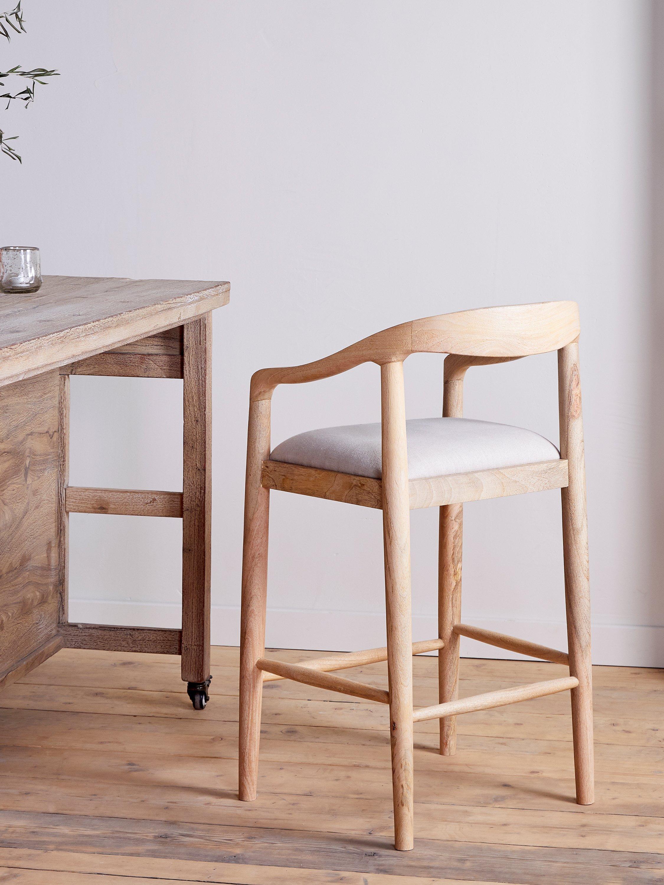nkuku Anbu counter chair natural mango wood linen seat, UK version