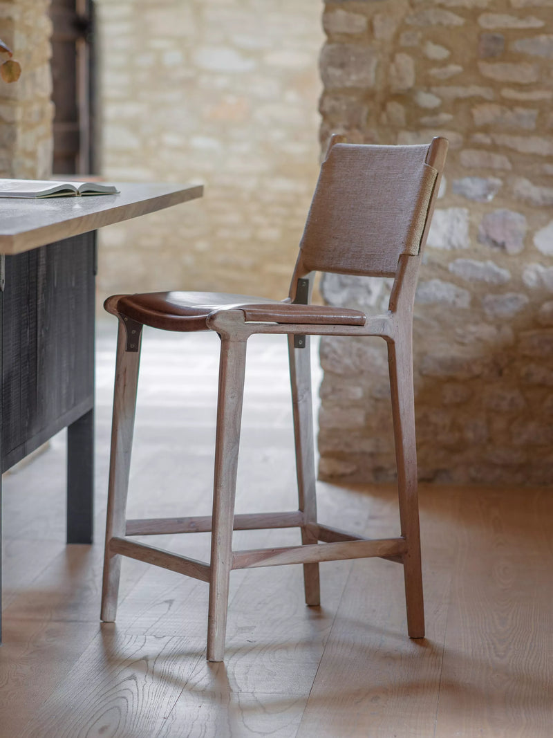 nkuku Nayan counter chair in tan buffalo leather, imported from the UK