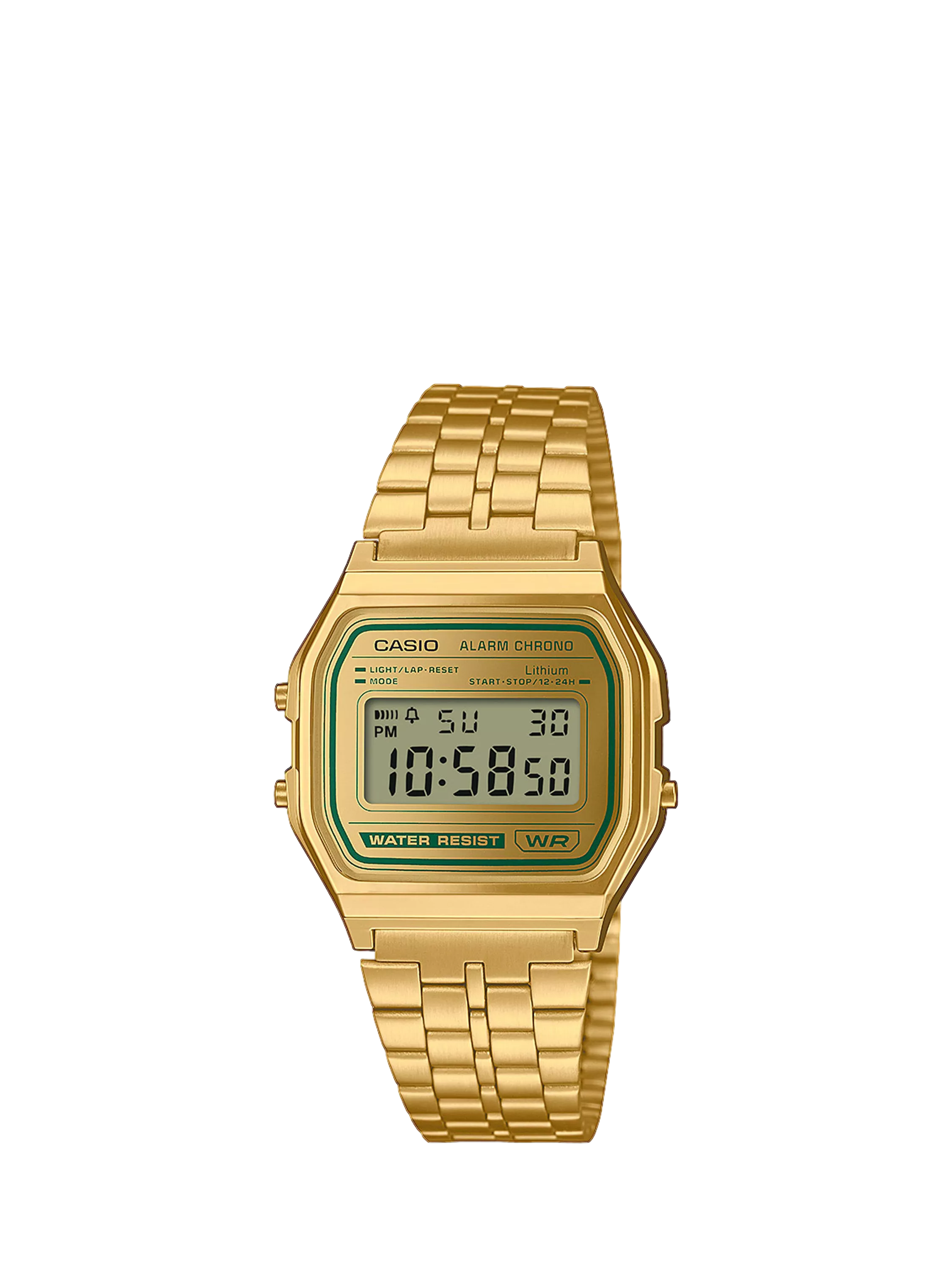 Casio vintage digital watch gold metal strap, UK version