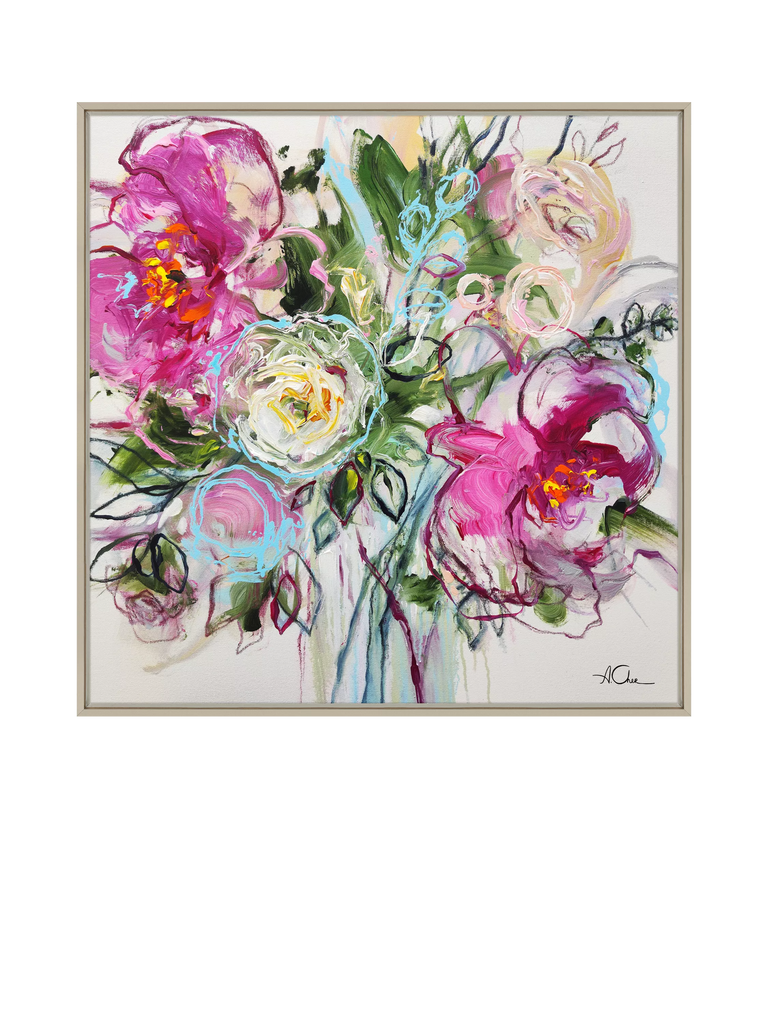 John Lewis Anna Cher 'Blossoms Whispers' Framed Canvas Print, 84 x 84cm, Pink/Green