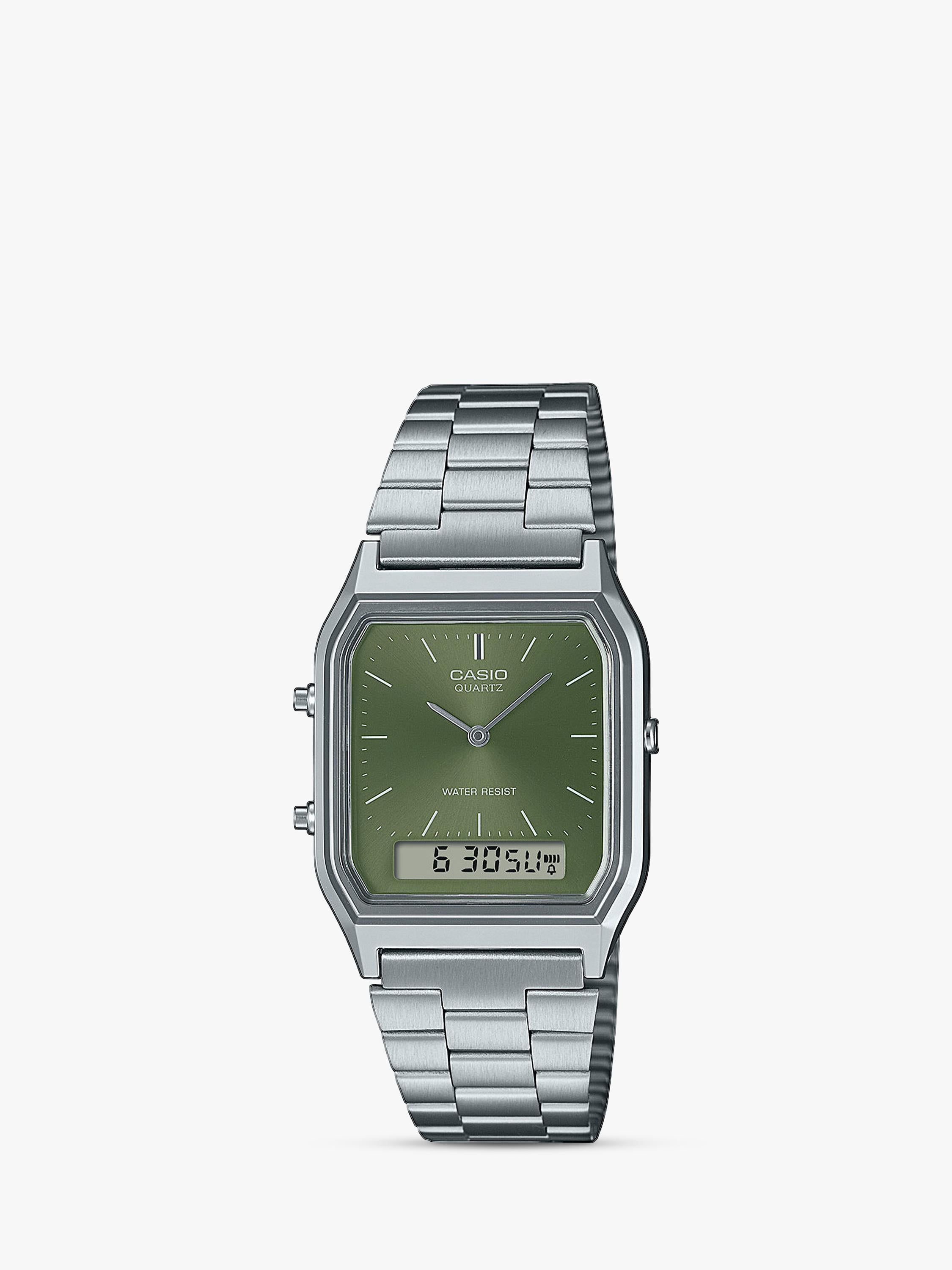 Casio Vintage Uhr mit grünem Zifferblatt und silbernem Armband (britische Marke)