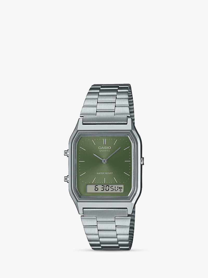 Casio Vintage Uhr mit grünem Zifferblatt und silbernem Armband (britische Marke)
