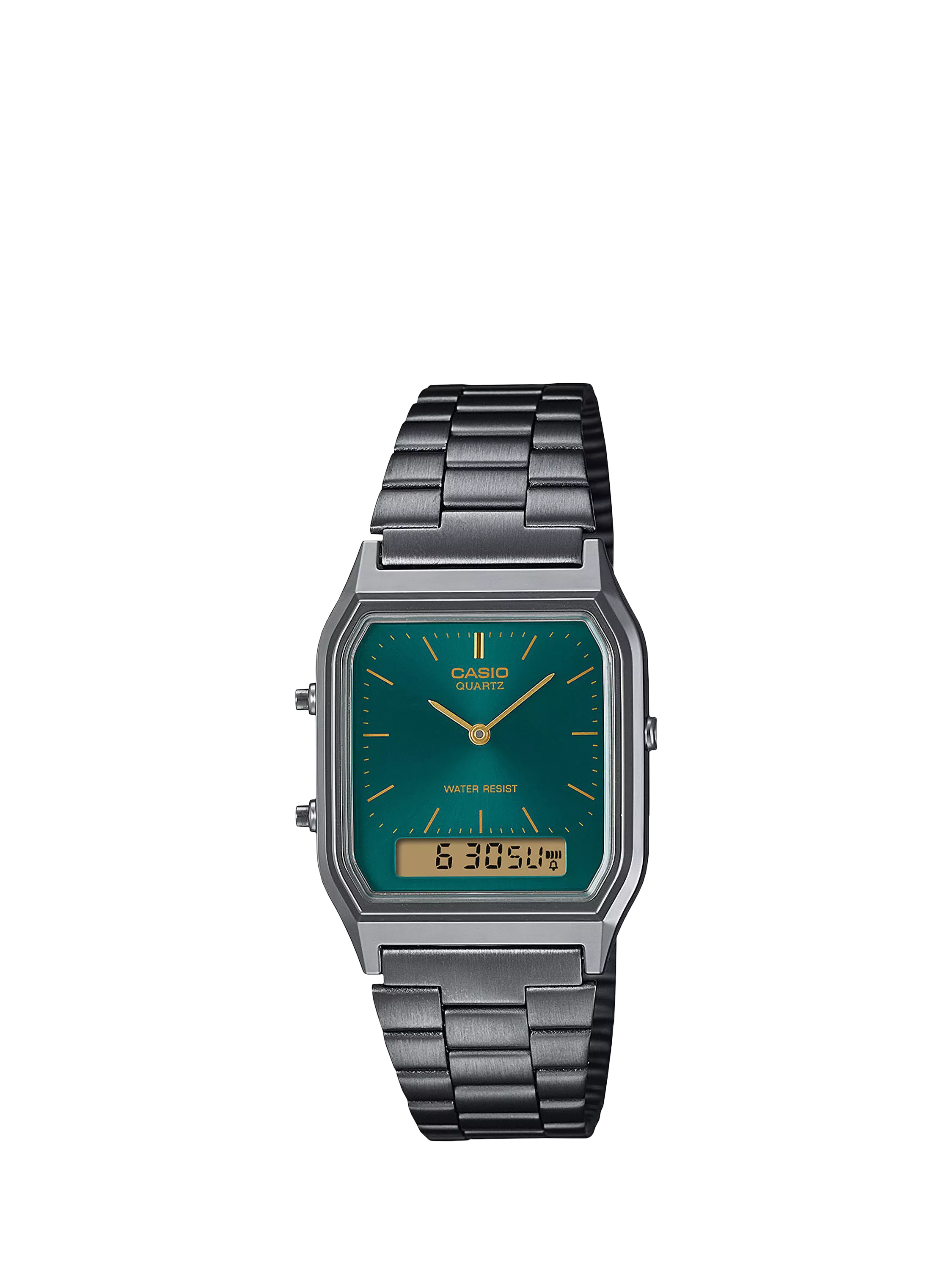 Casio Vintage Uhr mit grünem Zifferblatt und silbernem Armband (britische Marke)