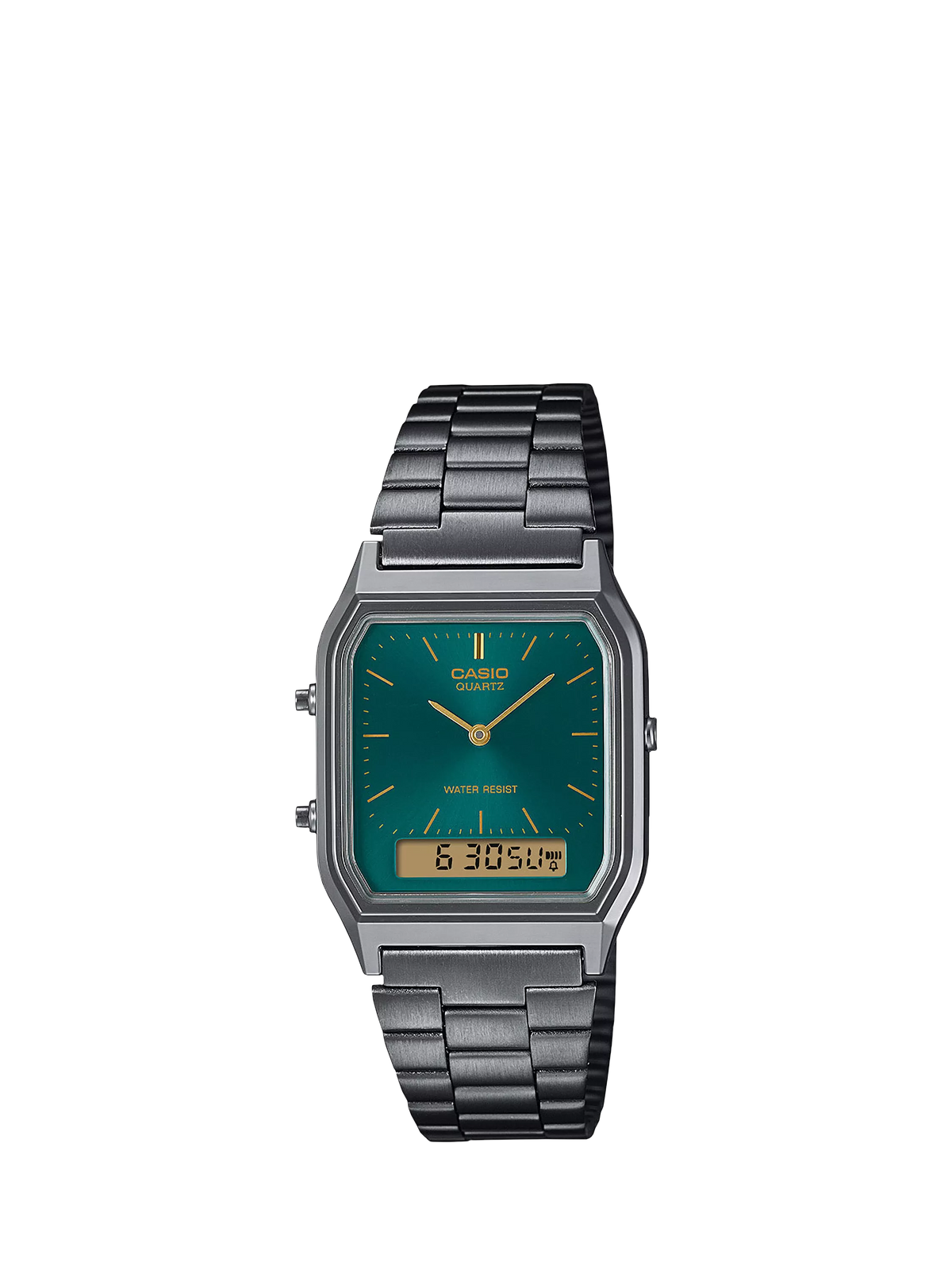 Casio Vintage Uhr mit grünem Zifferblatt und silbernem Armband (britische Marke)