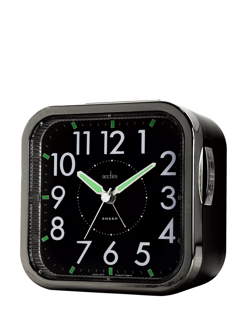 Acctim analogue square alarm clock black with luminous hands (British brand)