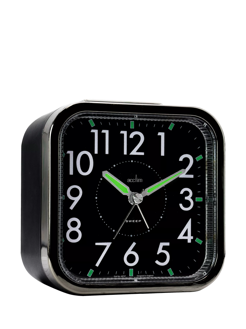 Acctim analogue square alarm clock black with luminous hands (British brand)