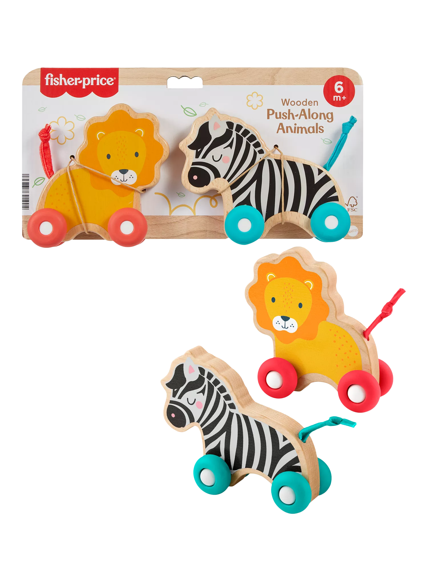 Fisher-Price wooden push along animals lion and zebra pack (British brand)
