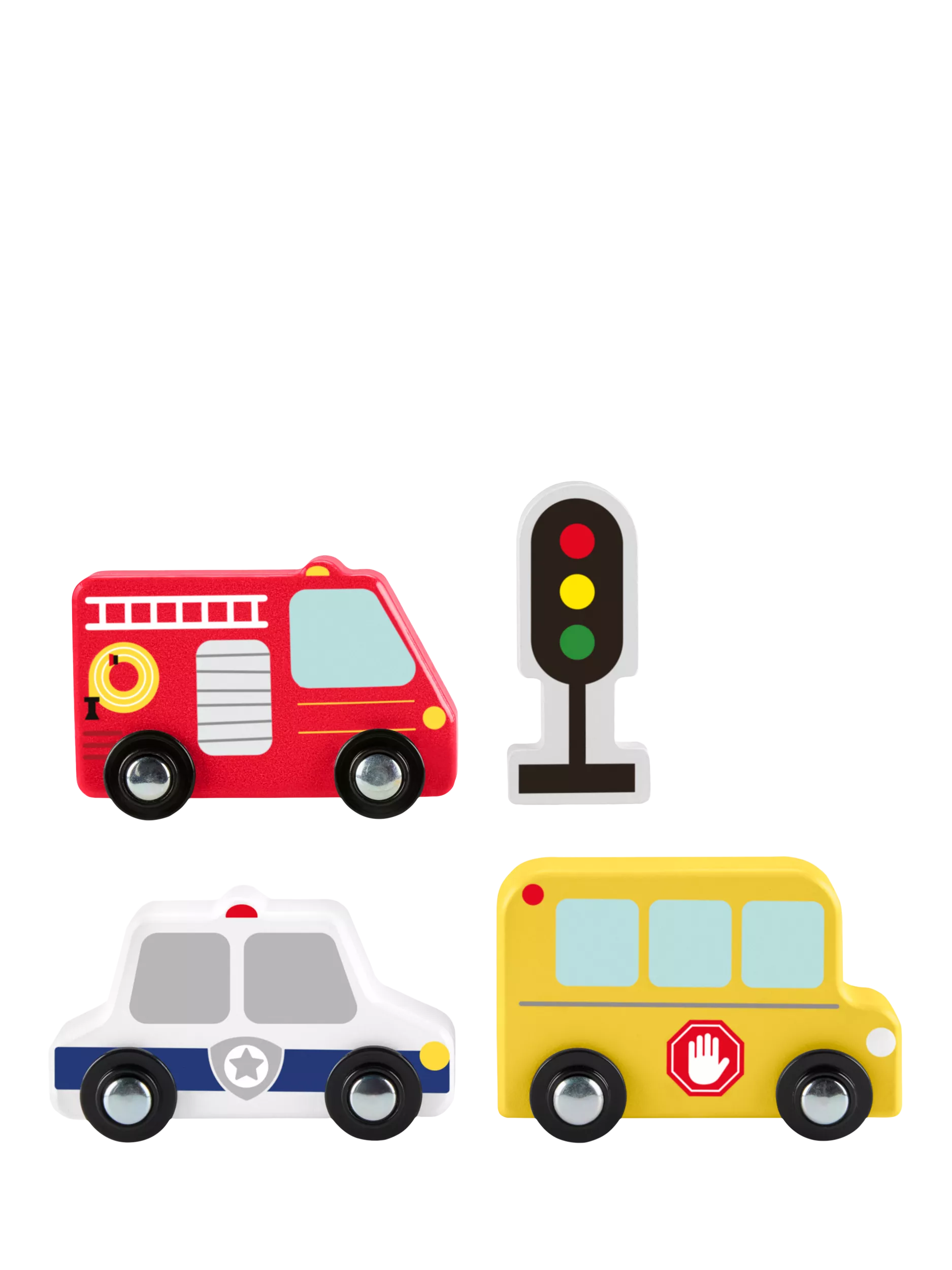 Fisher-Price wooden vehicle pack with fire truck, police car, school bus (British brand)