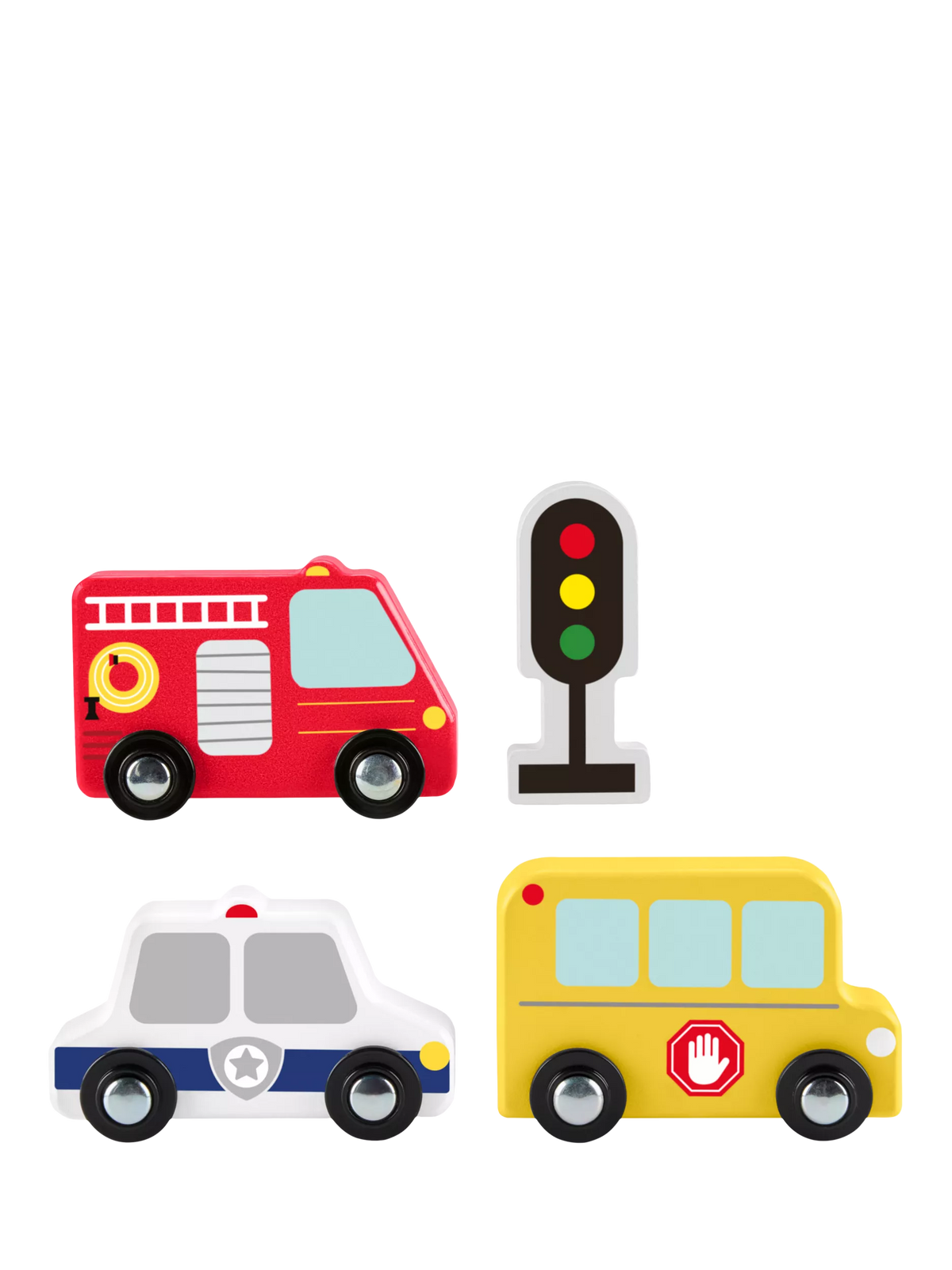 Fisher-Price wooden vehicle pack with fire truck, police car, school bus (British brand)