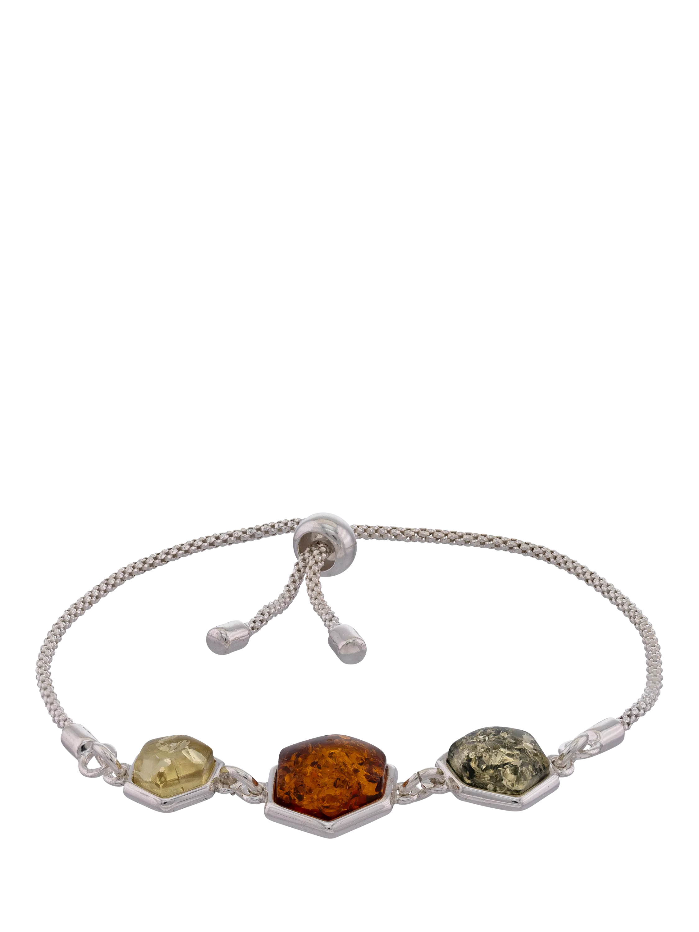 Be-Jewelled Amber 3 Stone Chain Bracelet, Silver/Cognac (British brand)