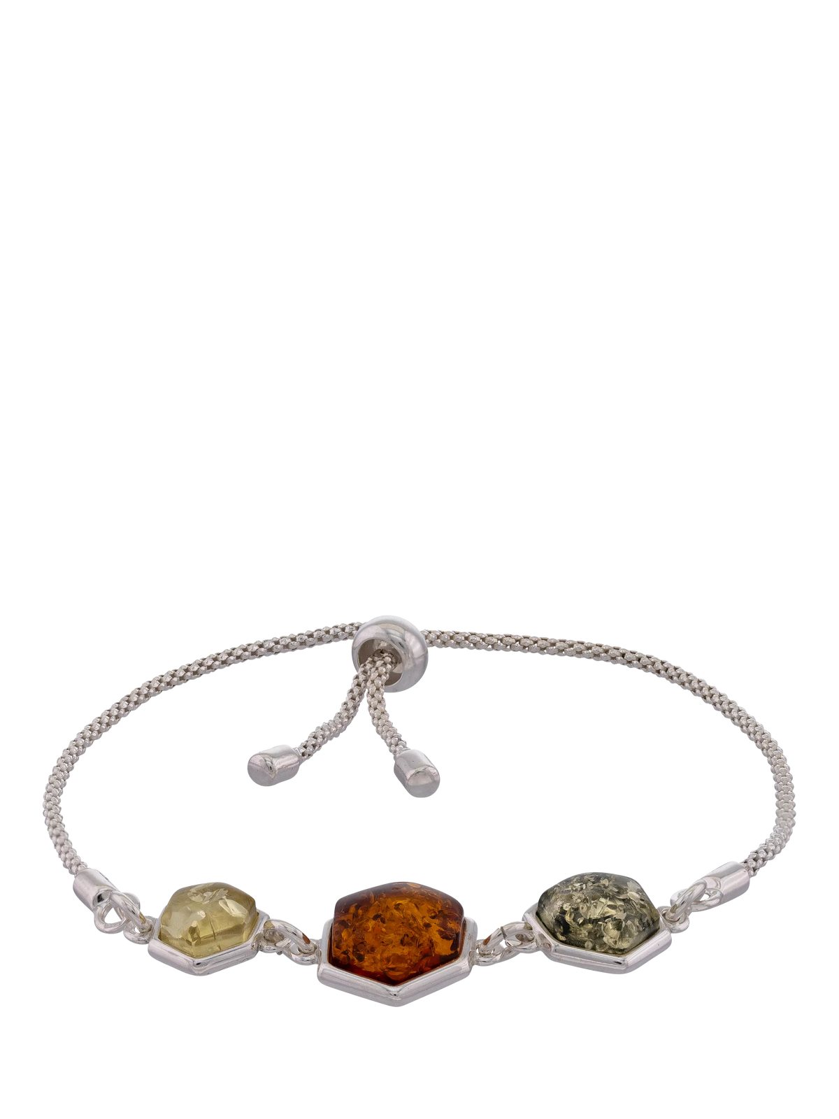 Be-Jewelled Amber 3 Stone Chain Bracelet, Silver/Cognac (British brand)