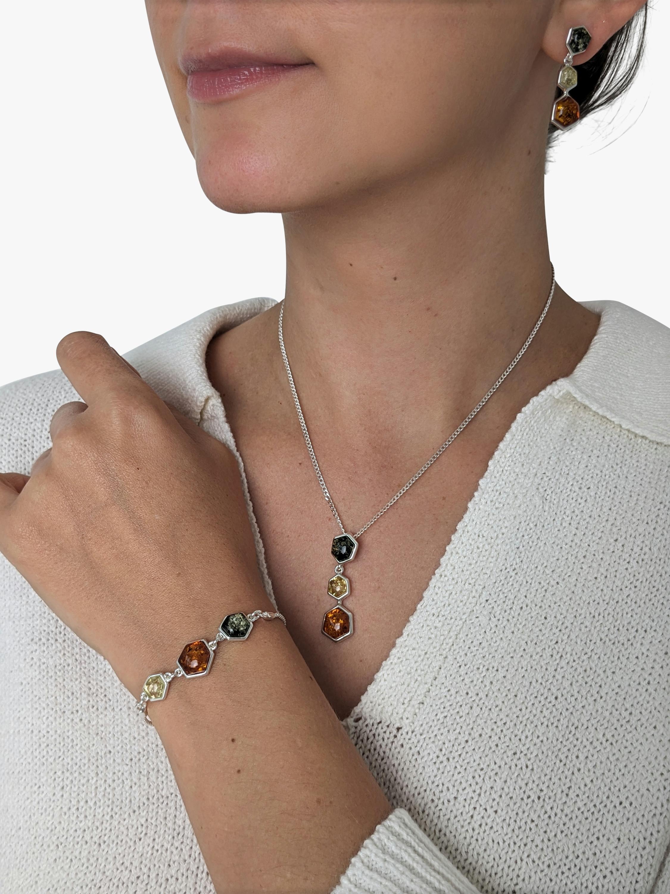 Be-Jewelled Amber 3 Stone Chain Bracelet, Silver/Cognac (British brand)
