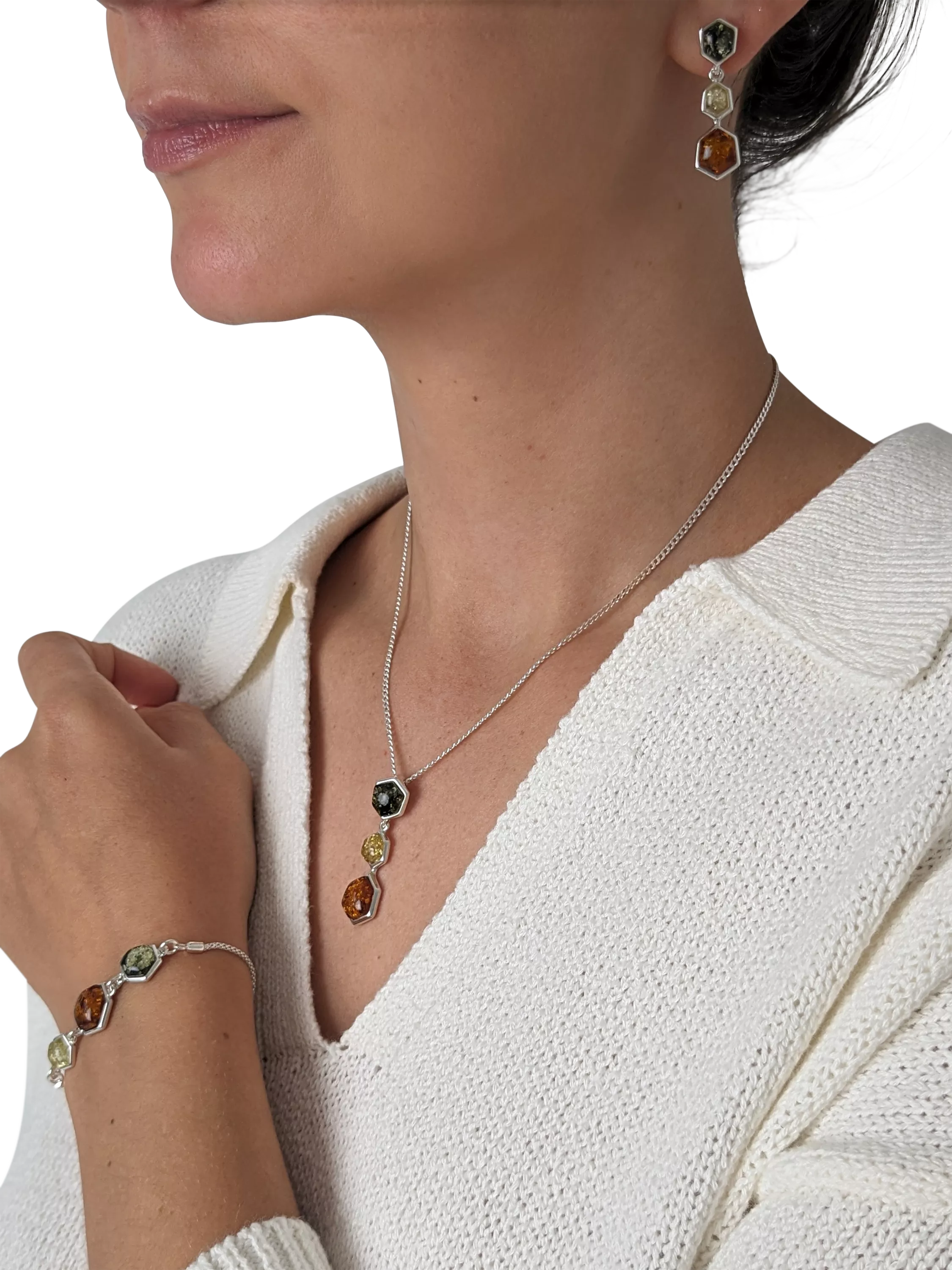 Be-Jewelled geometric cut Baltic amber triple drop earrings - British product