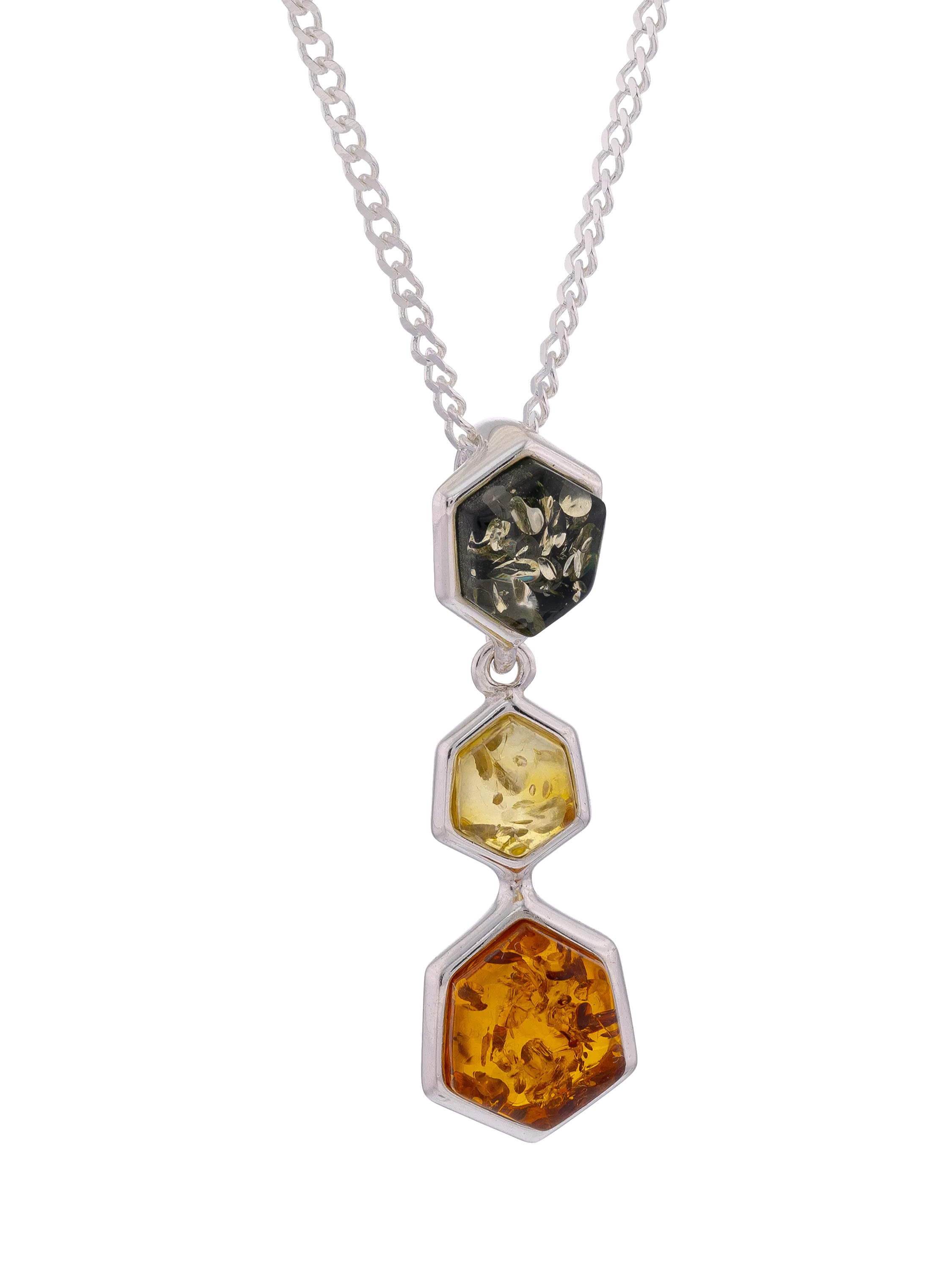 Be-Jewelled Baltic amber three stone pendant necklace sterling silver, UK version