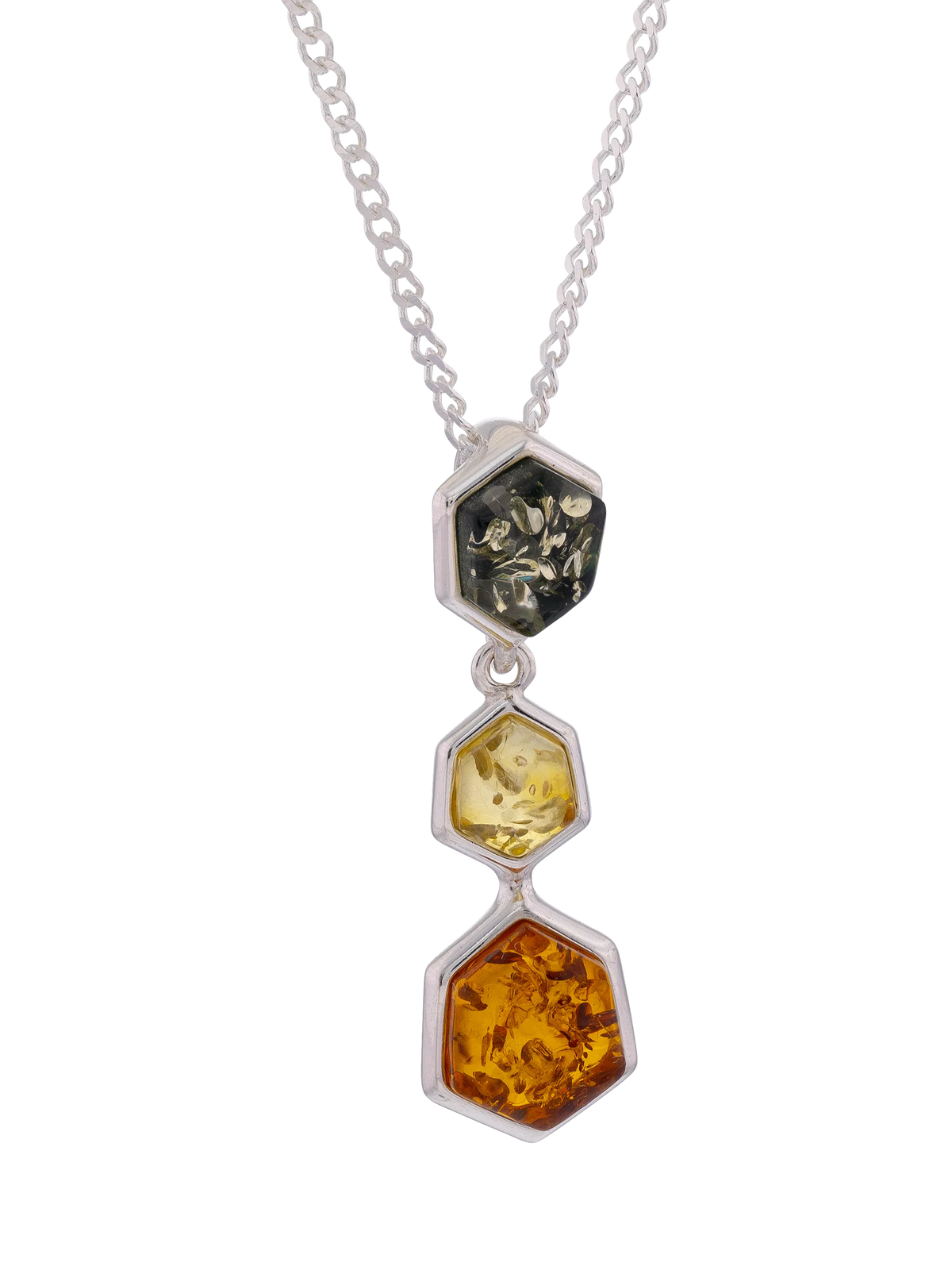 Be-Jewelled Baltic amber three stone pendant necklace sterling silver, UK version