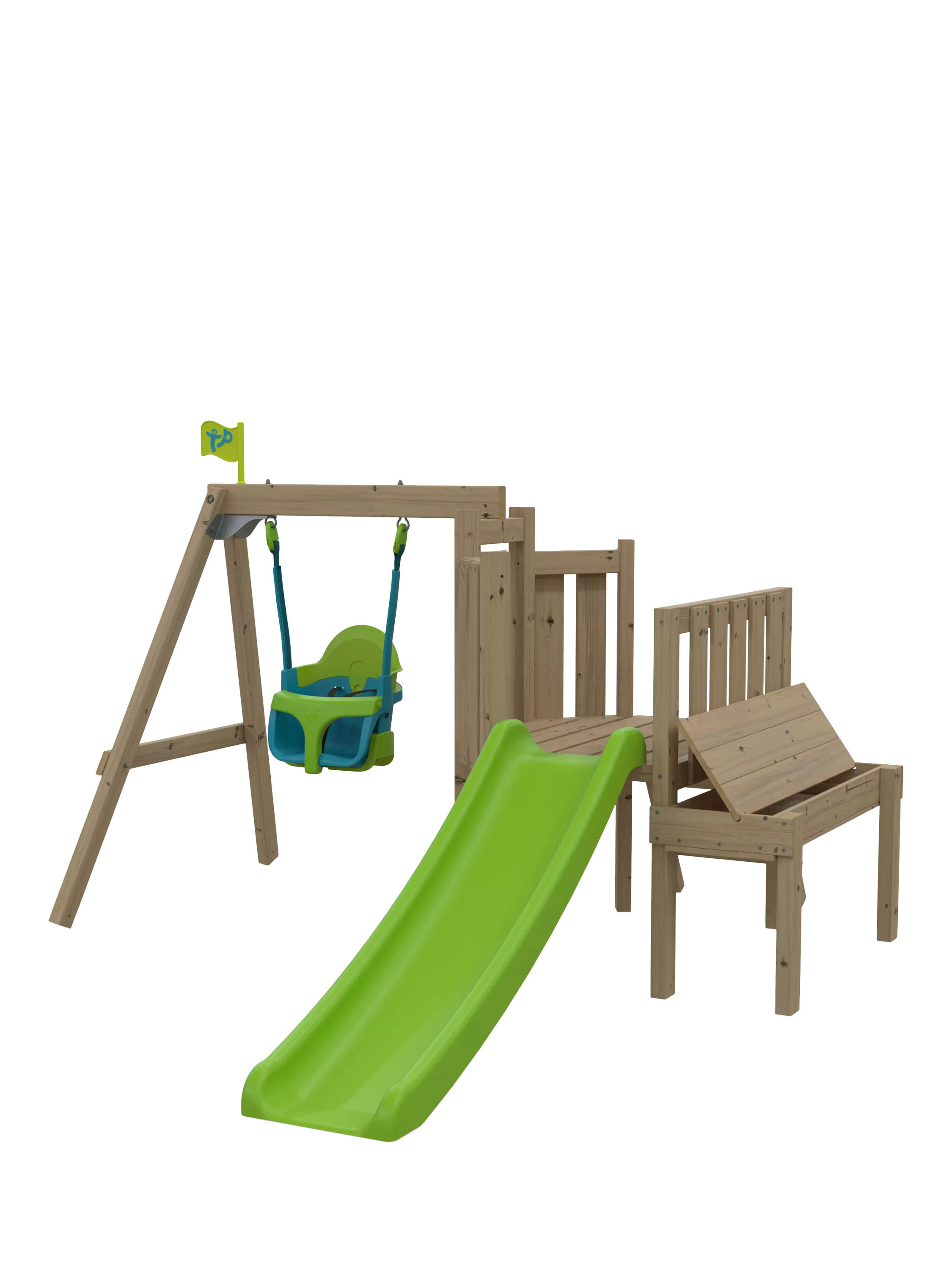 TP Toys toddler wooden swing set with slide and sandpit (British brand)