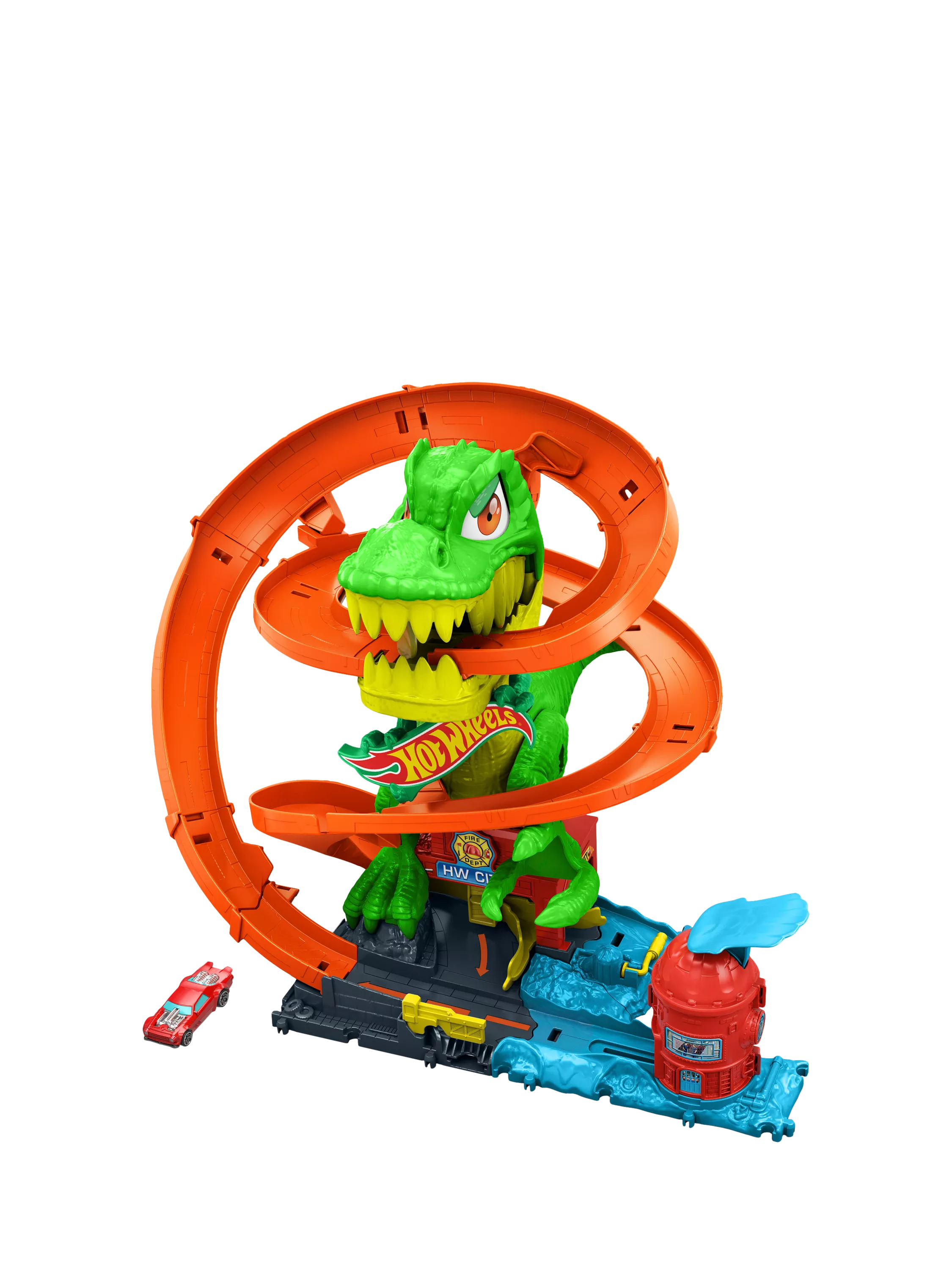 Hot Wheels City T-Rex Blaze Battle playset with firetruck, imported from the UK