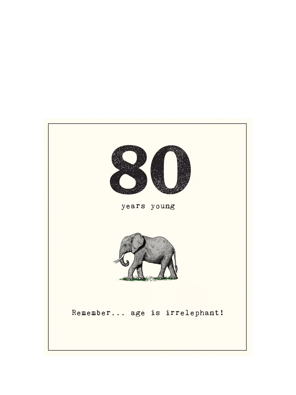 Pigment 80th birthday card Age Is Irrelephant, imported from the UK
