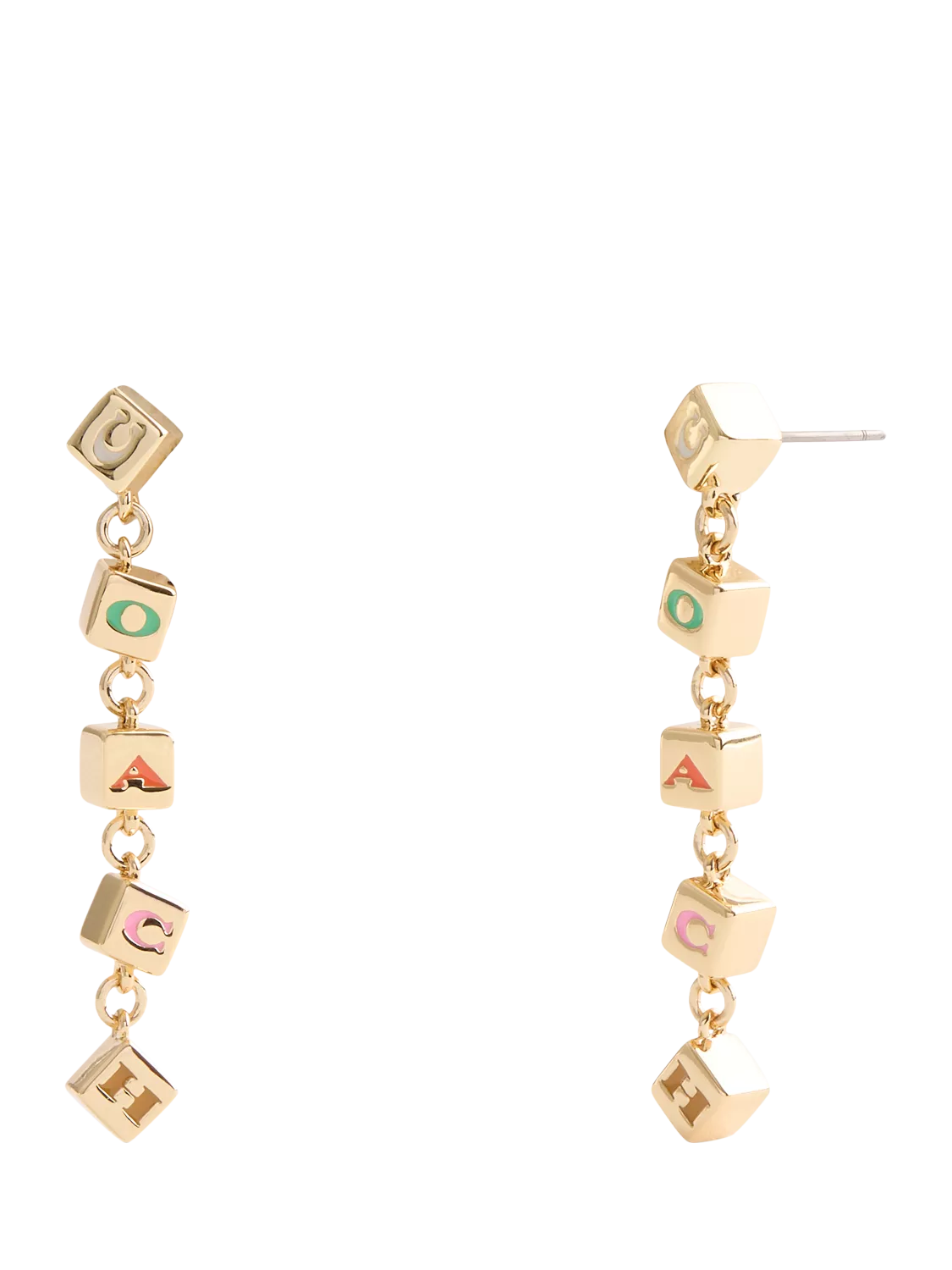 Coach enamel cube chain drop earrings in gold (British brand)
